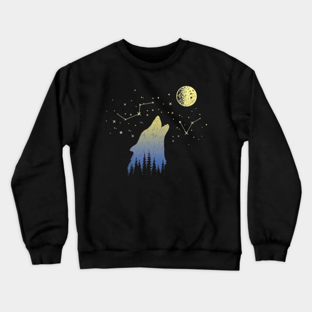 Wolf Howling at Stars Constellations and Moon Gift Crewneck Sweatshirt by Dibble Dabble Designs